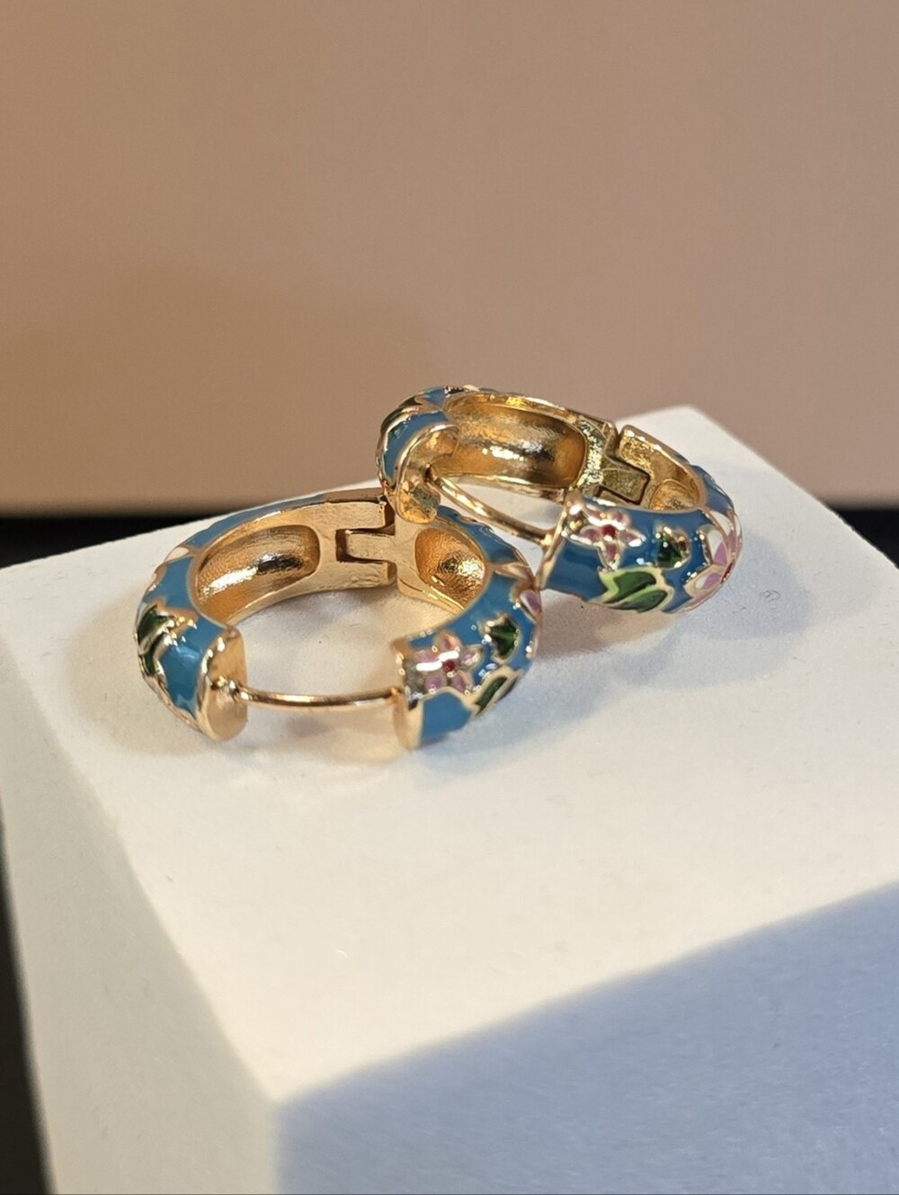 Floral Cloisonne Hoop Earrings - Picture 2 of 4